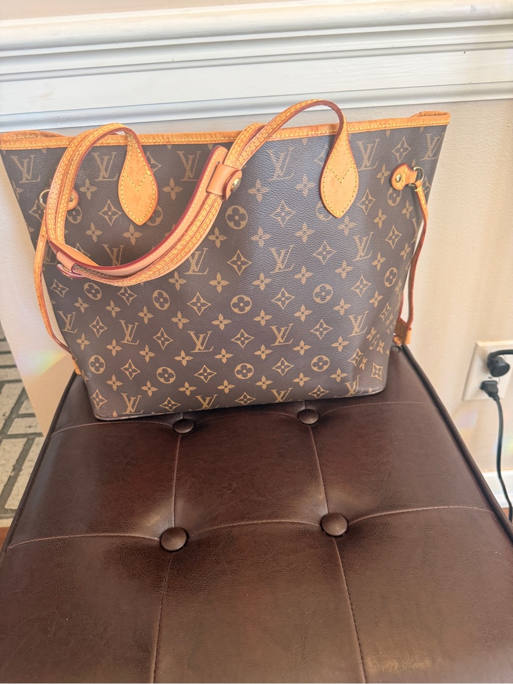 Neverfull Monogram Canvas Tote with Tan Leather Trim and Beige Organizer